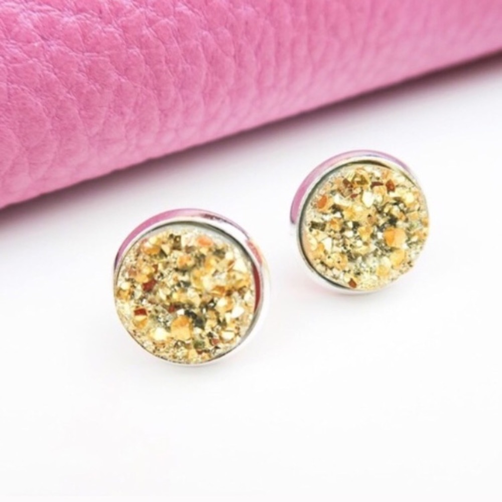Boutique Gold Druzy Stud Earrings Round Sparkly Silver Tone Zinc Alloy Dime Size